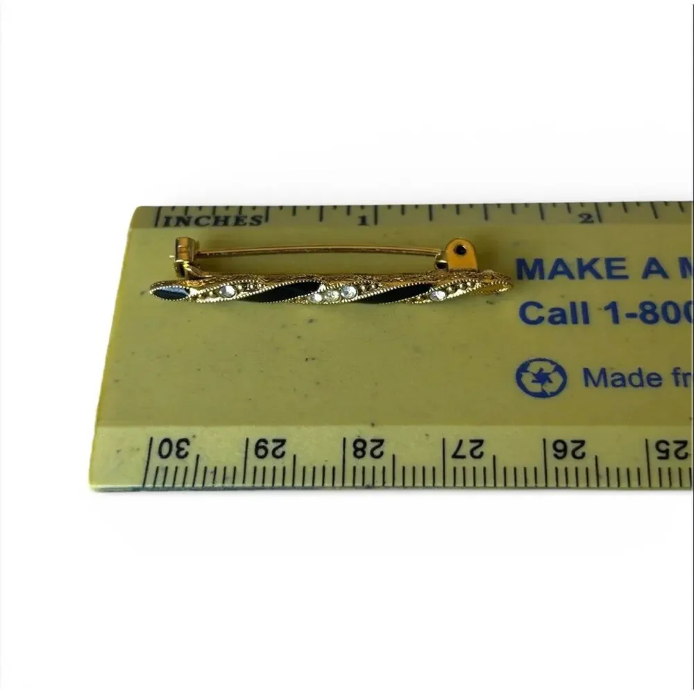 Vintage Unmarked Gold Tone Enamel Black Clear Rhinestone 1.5” Brooch